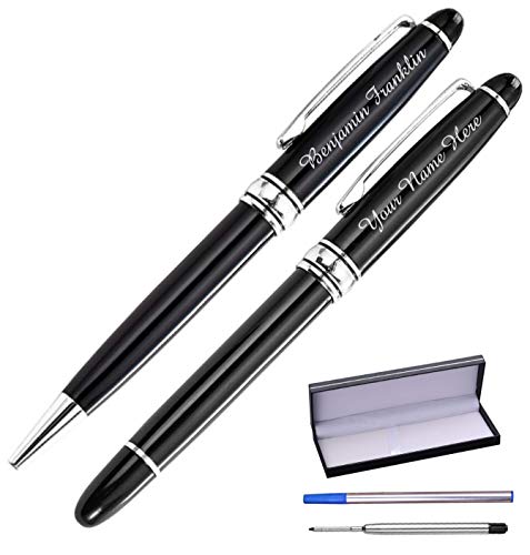 Personalized Pens Gift Set - 2 Pack of Metal Pens w/gift box - Luxury Rollerball & Ballpoint Pens | Blue and Black Ink Refills Included | Custom Engraved w/Name or Message (Black w/Silver Trim)