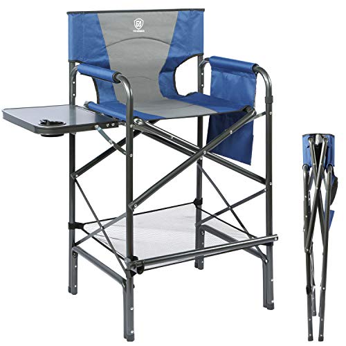 EVER ADVANCED Tall Directors Chair Foldable Makeup Artist Chair Bar Height with Side Table Cup Holder and Storage Bag Footrest, Supports 350LBS (Blue/Grey)