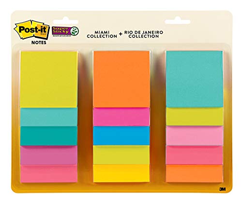 Post-it Super Sticky Notes, 3x3 in, 15 Pads, 2x the Sticking Power, Miami and Rio de Janeiro Collection, Bright Neon Colors (Orange, Pink, Blue, Green, Yellow), Recyclable (654-15SSMULTI2)