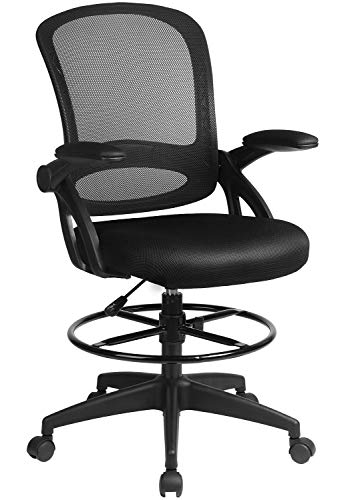 Comhoma Drafting Chair Tall Office Chair with Flip-up Armrests for Computer Standing Desk Adjustable Foot Ring Ergonomic Mesh Back Table Chair Black