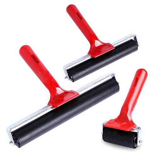 UCEC 3 PCS Rubber Rollers, Durable Hard Rubber Brayer Rollers for Crafting, Glue Roller Paint Brush for Printmaking Stamping Gluing, Anti Skid Tape Construction (2.4”, 5.9”, 7.9”)