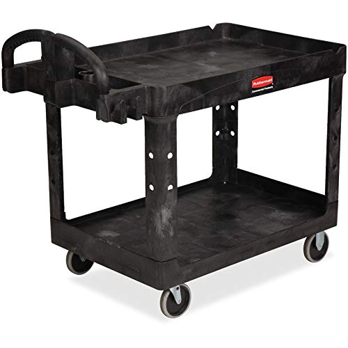 Rubbermaid Commercial Products 2-Shelf Utility/Service Cart, Medium, Lipped Shelves, Ergonomic Handle, 500 Lbs. Capacity, For Warehouse/Garage/Cleaning/Manufacturing (Fg452088Bla)