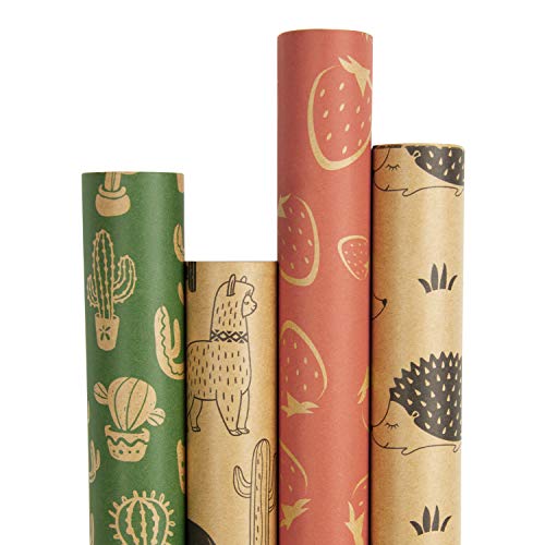 RUSPEPA Kraft Wrapping Paper Roll - Cactus/Strawberry/Alpaca/Hedgehog Printed Great for Congrats, Holiday and Special Occasion - 4 Roll - 30Inch X 10Feet Per Roll