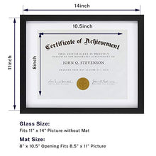 Load image into Gallery viewer, ONE WALL 11x14 Document Frame Displays 8.5x11 Diplomas with Mat or 11x14 Inch Without Mat, Black Certificate Frame Made of Solid Wood and Tempered Glass - Mounting Hardware Included
