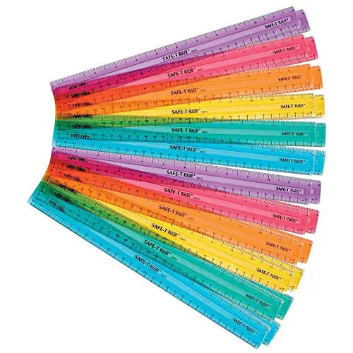 hand2mind Safe-T Ruler for Kids Math, Rainbow Plastic Rulers, Flat 12 in. Flexible Rulers, Safety Ruler for Measurement, Safety Kids School Supplies, Straight Shatter-Resistant Rulers (Pack of 24)