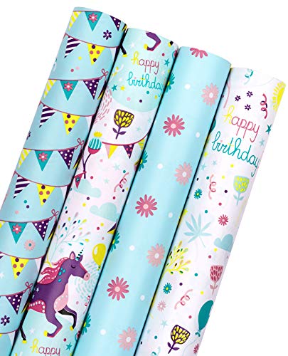 WRAPAHOLIC Birthday Wrapping Paper Roll - Unicorns and Celebration Banners Set for Party, Celebrating, Baby Shower Present Packing - 4 Rolls - 30 inch X 120 inch Per Roll
