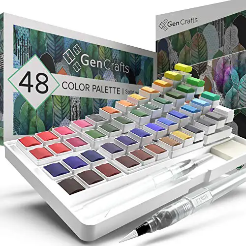 GenCrafts Watercolor Palette with Bonus Paper Pad Includes 48 Premium Colors - 2 Refillable Water Blending Brush Pens - No Mess Storage Case - 15 Sheets of Water Color Paper - Portable Painting