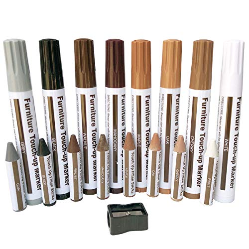 Furniture Repair Wood Repair Markers Touch Up Repair pen-17PC-Markers and Wax Sticks,for Stains,Scratches,Wood Floors,Tables,Carpenters,Bedposts-8 Felt Tip Wood Markers,8 Wax Sticks with Sharpener Kit