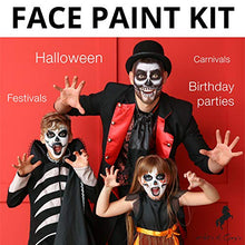Load image into Gallery viewer, Face Paint Kit for Kids - 20 Water Based, Quick Dry, Non-Toxic Sensitive Skin Paints, 3 Glitters, 2 Temporary Hair chalks Combs, 3 Paint Brushes, 40 Stencils, 2 Tattoos Sheets, Face Painting Book
