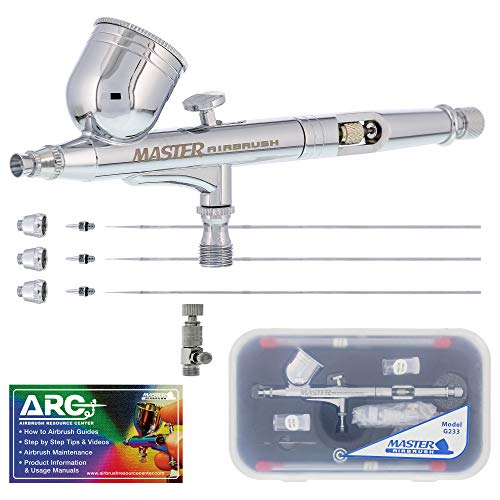 Master Airbrush Master Performance G233 Pro Set with 3 Nozzle Sets (0.2, 0.3 & 0.5mm Needles, Fluid Tips and Air Caps) - Dual-Action Gravity Feed Airbrush, 1/3 oz Cup, Cutaway Handle