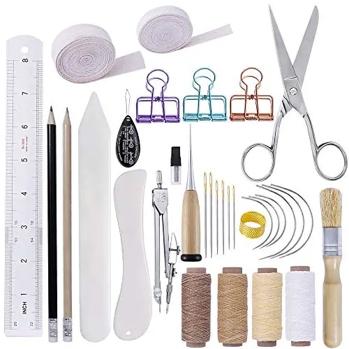 BUTUZE 32 Pieces Hand Bookbinding Tools, Bookbinding Kit for Beginners,Complete Bookbinding Tool Kit with Bookbinding Waxed Thread,Sewing Needles for Paper Bookbinding