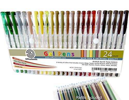 OfficeGoods Earth Tone Gel Pen Set - 24 Premium & Vivid Colors with a Full Set of Refills Included. Perfect for Nature Scenes, People & Animals - with More Ink.