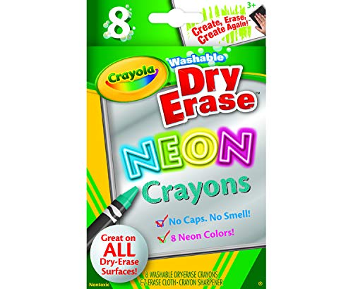 Crayola; Dry-Erase Neon Crayons; Art Tools; 8 Count; Washable; Perfect for Classroom Art Activities; Includes Sharpener and Erase Cloth