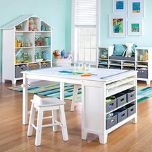 Load image into Gallery viewer, MARTHA STEWART Living and Learning Kids&#39; Art Table and Stool Set (White) - Wooden Drawing and Painting Desk with Paper Roller, Paint Cups and Removable Craft Supplies Storage Bins
