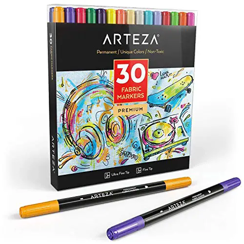 Arteza Fabric Markers, Set of 30 Assorted Colors, Permanent and Machine Washable Ink Ideal for Coloring Jeans, T-Shirts, Sneakers, Backpacks, Jackets, and More