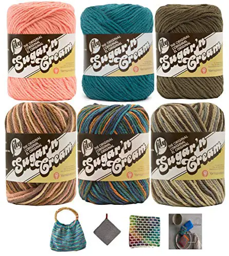 Variety Assortment Lily Sugar'n Cream Yarn 100 Percent Cotton Solids and Ombres (6-Pack) Bundle Medium Number 4 Worsted Bundle with 4 Patterns (Asst AL)