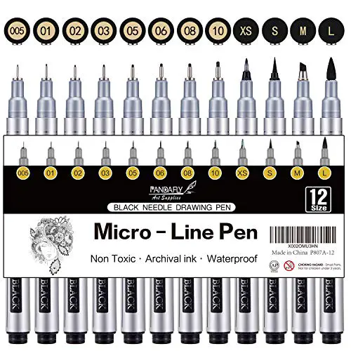 PANDAFLY Micro-Pen Fineliner Ink Pens, Precision Multiliner Pens for Artist Illustration, Sketching, Calligraphy,Technical Drawing, Manga, Anime, Scrapbooking (12 Size/Black)