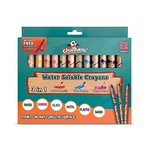 Channie's 3 in 1 Water Soluble Crayons for Kids with Free Paint Brush & Sharpener, 12 Color Set