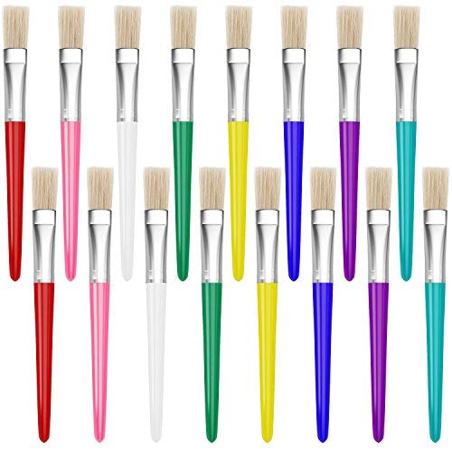 16 Piece Large Flat Tip Paint Brushes Hog Bristle Tempera and Artist Paint Brushes for Kids with Short Stubby Plastic Handle-Assorted Colors