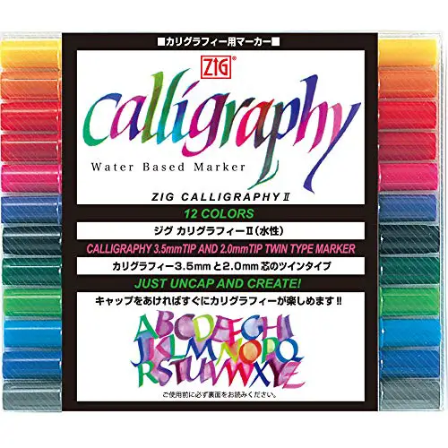 Kuretake ZIG Calligraphy Pens, 12 Colors set, 2mm. 3.5mm Dual Tip Markers, AP-Certified, No mess, Photo-Safe, Acid Free, Lightfast, Odourless, Xylene Freeing, For Beginners, Made in Japan
