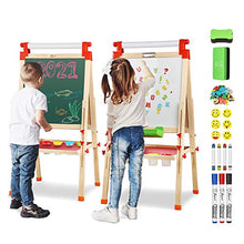 Load image into Gallery viewer, Joyooss Kids Wooden Easel with Extra Letters and Numbers Magnets, Adjustable Double Sided Drawing Board Whiteboard &amp; Chalkboard Dry Easel Board, Children Art Easel for Boys Girls Painting Drawing
