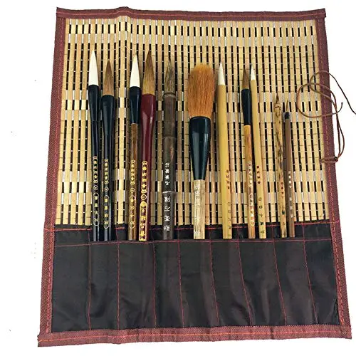 Uigerl Shanlian Hubi Claborate-Style Painting Writing Brush Watercolor Chinese Calligraphy Brush Set Kanji Japanese Sumi Painting Drawing Brushes 11 Piece/Set+Roll-up Bamboo Brush Holder