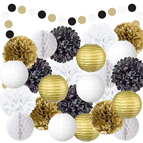 EpiqueOne 22-Piece Party Decoration Kit – Hanging Paper Lanterns, Honeycomb Balls and Tissue Paper Pom Poms for Special Occasions – Easy to Assemble – Colors: Black, Gold and White