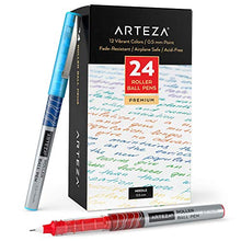 Load image into Gallery viewer, Arteza Rollerball Pens Fine Point, Set of 24 Colored Pens with Liquid Ink, Extra Fine 0.5 mm Needle Tip Pen, Make Precise Lines, Office Supplies for Writing, Notetaking, and Drawing
