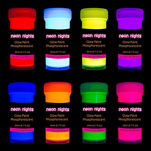 Premium Glow in the Dark Acrylic Paint Set by neon nights – Set of 8 Professional Grade Neon Craft Paints – Long-Lasting Self-Luminous Paint Handcrafted in Germany – 8 x 20 ml / 0.7 fl oz 