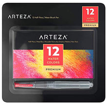 Load image into Gallery viewer, Arteza Watercolor Paint, Set of 12 Assorted Vibrant Colors in Half Pans, Tin Box with Water Brush Pen for Artists and Kids, Art Supplies for Painting and Watercolor Techniques
