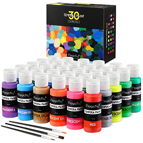 Washable Tempera Paint for Kids, Magicfly 30 Colors (2 oz Each) Liquid Poster Paint, Non-Toxic Kids Paint with Fluorescent Glitter Metallic Neon Colors for Finger Painting, Hobby Painters