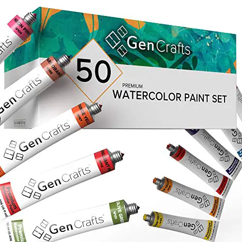 GenCrafts Watercolor Paint Set - Set of 50 Premium Vibrant Colors - (12 ml, 0.406 oz.) - Quality Non Toxic Pigment Paints for Canvas, Fabric, Crafts, and More - for All Artists: Adults and Kids