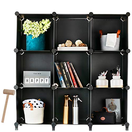 Homeries Cube Storage System – Modular DIY Plastic Closet Organizer Rack, Storage Shelves, Bookshelf, Bookcase for Bedroom, Office, Dorm Room, College, Living Room - Black (9-Cube)