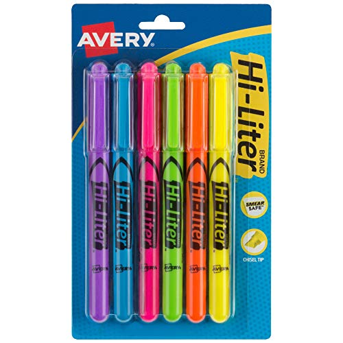 Avery 23585 Hi-Liter Pen-Style Highlighters, Smear Safe Ink, Chisel Tip, 6 Assorted Color Highlighters