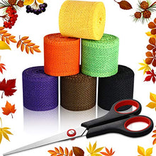 Load image into Gallery viewer, 6 Rolls Halloween Crafts Burlap Ribbon Burlap Colored Ribbon Natural DIY Ribbon with Scissors for Handmade DIY Craft Wrapping Decorations, 12 Yards in Total
