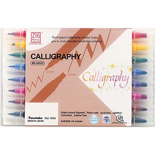 Kuretake Zig Calligraphy Dual Tip Markers, 2mm, 5mm, Square Tips, AP-Certified, No Mess, Photo-Safe, Xylene Freeing, for Beginners, Made in Japan (8 Colors Set)