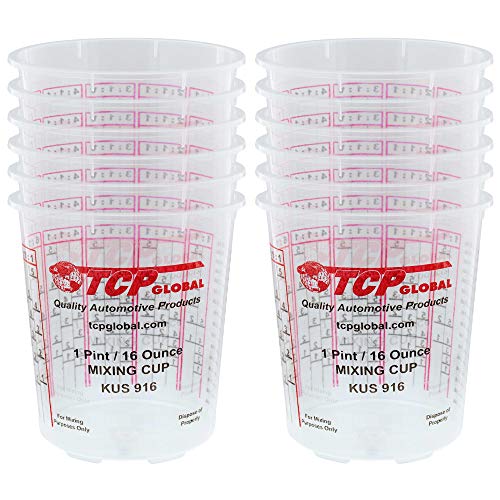 Custom Shop Pack of 12 Each - 16 Ounce Paint Mixing Cups = 1 Pint Cups Have calibrated Mixing ratios on Side of Cup Pack of 12 Paint and Epoxy Mixing Cups