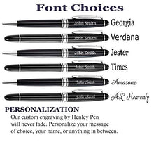 Load image into Gallery viewer, Personalized Pens Gift Set - 2 Pack of Metal Pens w/gift box - Luxury Rollerball &amp; Ballpoint Pens | Blue and Black Ink Refills Included | Custom Engraved w/Name or Message (Black w/Silver Trim)

