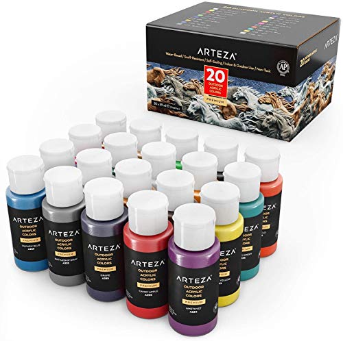 Arteza Outdoor Acrylic Paint, Set of 20 Colors/Bottles 2 oz./59 ml. Rich Pigment Multi-Surface Paints, Art Supplies for Easter Gift, Rock, Wood, Fabric, Leather, Paper, Crafts, Canvas