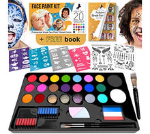 Load image into Gallery viewer, Face Paint Kit for Kids - 20 Water Based, Quick Dry, Non-Toxic Sensitive Skin Paints, 3 Glitters, 2 Temporary Hair chalks Combs, 3 Paint Brushes, 40 Stencils, 2 Tattoos Sheets, Face Painting Book
