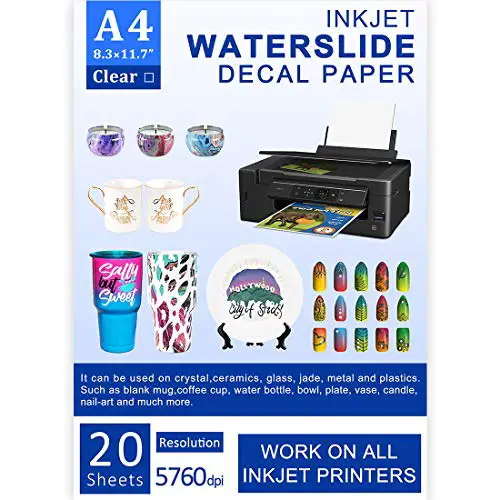 Water Slide Decal Paper Inkjet 20 Sheets A4 Size Premium Water Slide Transfer Paper Clear Transparent Printable Waterslide Paper for Tumblers, Mugs, Glasses DIY