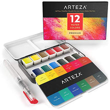 Load image into Gallery viewer, Arteza Watercolor Paint, Set of 12 Assorted Vibrant Colors in Half Pans, Tin Box with Water Brush Pen for Artists and Kids, Art Supplies for Painting and Watercolor Techniques
