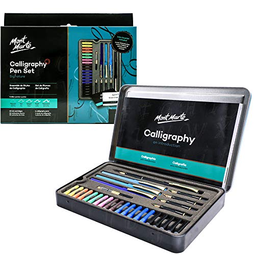 Mont Marte Calligraphy Set, 32 Piece. Includes Calligraphy Pens, Calligraphy Nibs, Ink Cartridges, Introduction Booklet and Exercise Booklet, Packaging May Vary