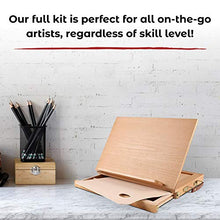 Load image into Gallery viewer, Academy Art Supply Tabletop Easel Set with Easel Box, 12 Acrylic Paint Tubes, 3 Canvas Panels (9&quot; x 12&quot;), 5 Paintbrushes, Wooden Palette, and Plastic Paint Palette (23 Piece Kit)
