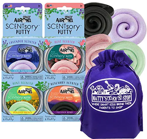 Crazy Aaron's Putty Aromatherapy SCENTSory Tins Gift Set Bundle Featuring Calm Presence, Positive Energy, Grateful Heart, Focused Mind & Bonus Matty's Toy Stop Bag - 4 Pack (20g Each)