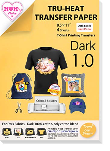 TransOurDream Tru-Iron on Heat Transfer Paper for Dark Fabric (4 Sheets, 8.5x11'') Iron-on Transfers Paper for T Shirts Printable Heat Transfer Vinyl for Inkjet Printer (TOD-7-4)