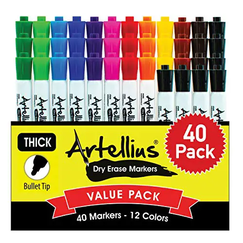 40 Pack of Dry Erase Markers (12 ASSORTED COLORS WITH 7 EXTRA BLACK) - Thick Barrel Design - Perfect Pens For Writing on Whiteboards, Dry-Erase Boards, Mirrors, Windows, All White Board Surfaces