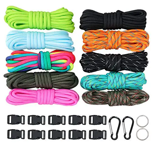 550 Paracord Bracelet Crafting Kit with Buckles and Carabiner, Multicolor Survival Paracord Cord Set 10 Colors - Great Gift