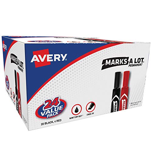 Avery Marks-A-Lot Permanent Markers, Regular Desk-Style Size, Chisel Tip, Water and Wear Resistant, 24 Assorted Markers (98187)