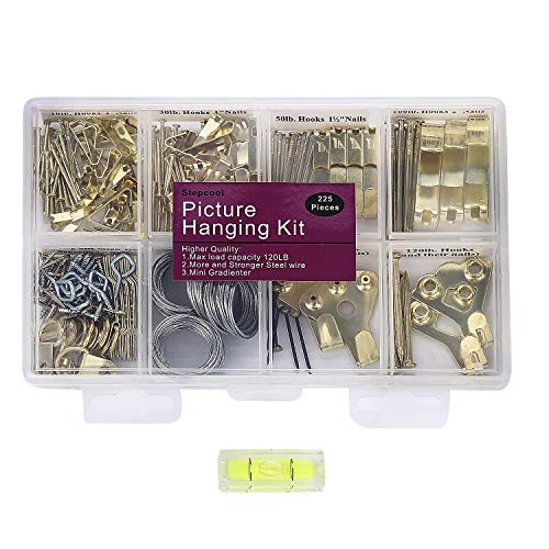 Picture Hangers, Quality Picture Hanging Kit, 225pcs Heavy Duty Frame Hooks Hardware with Nails, Hanging Wire, Screw Eyes, D Ring and Sawtooth for Wall Mounting
